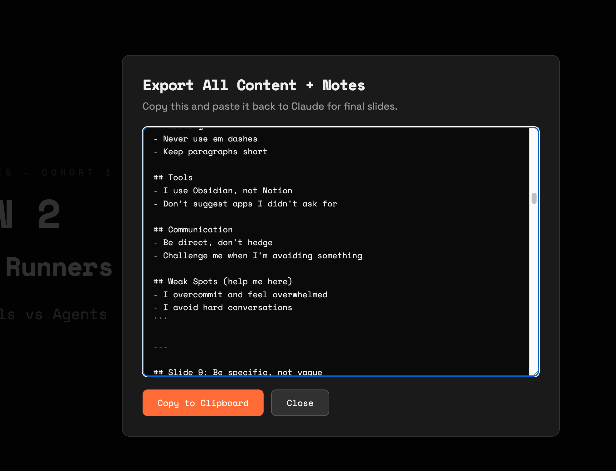 Export modal showing slide content